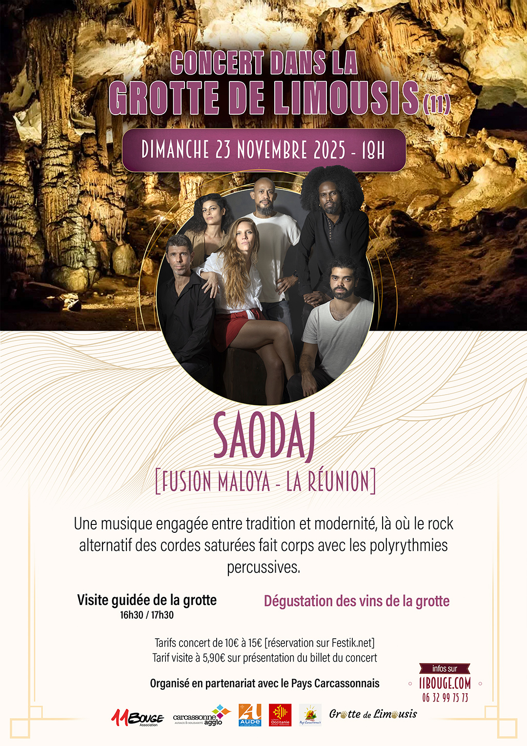 Affiche prochain concert Saodaj à la grotte de Limousis
