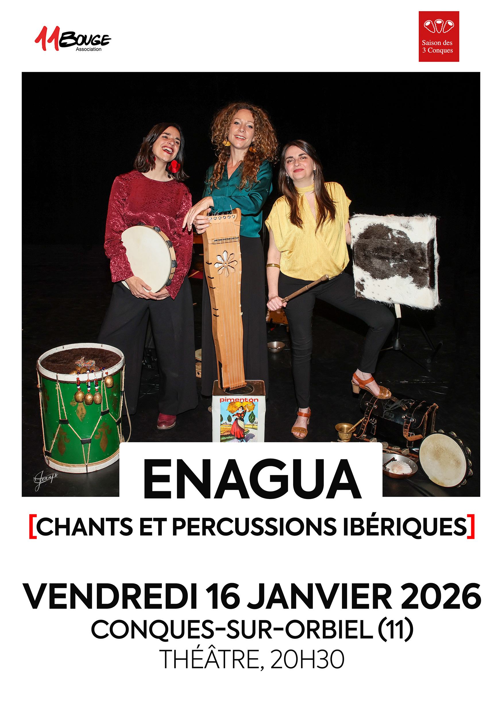 Affiche prochain concert d'Enagua chants et percussions ibériques à Conques-sur-Orbiel, théâtre