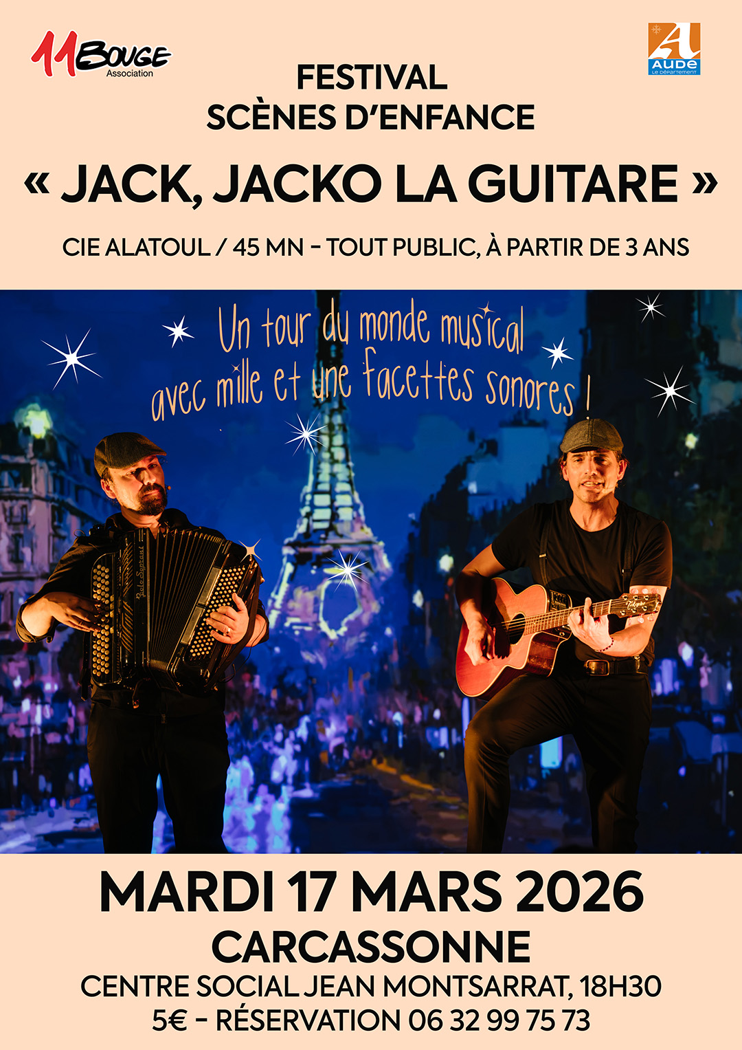 Affiche prochain concert : Jacko la guitare spaectacke pour enfant - Centre social et culturel JEan Montsarrat